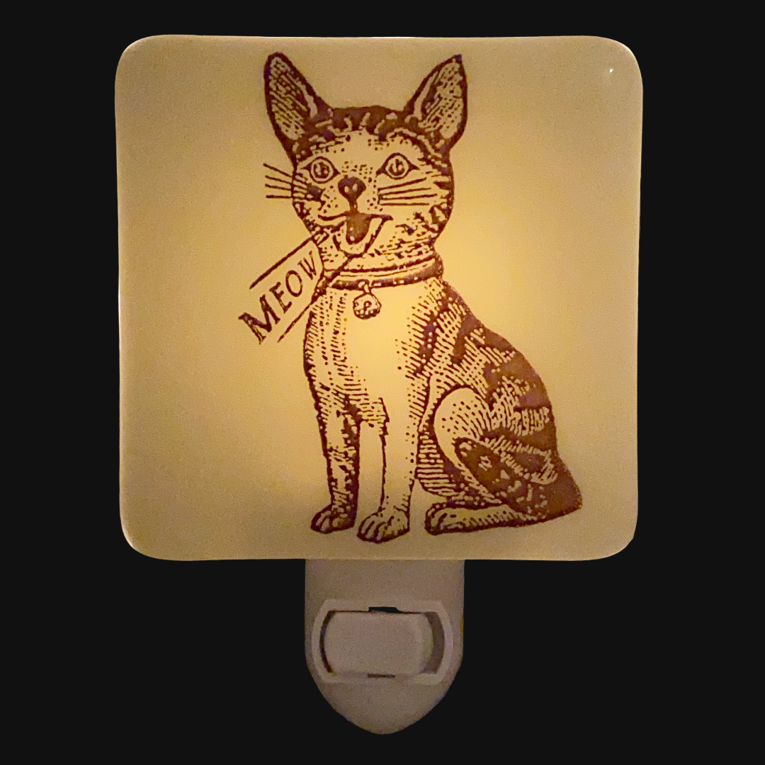 Retro Cat “Meow" Night Light - Ivory Glass
