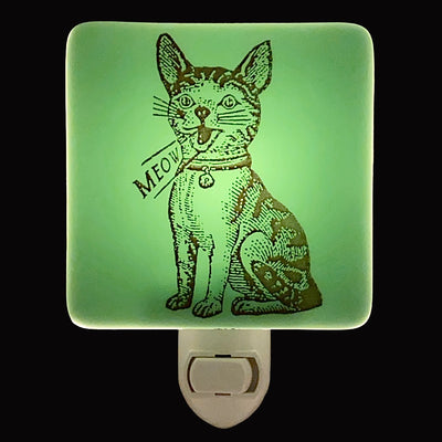 Retro Cat “Meow" Night Light - Aqua and Ivory Glass