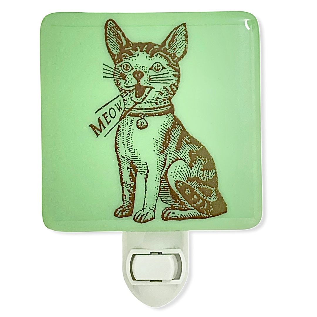 Retro Cat “Meow" Night Light - Aqua and Ivory Glass