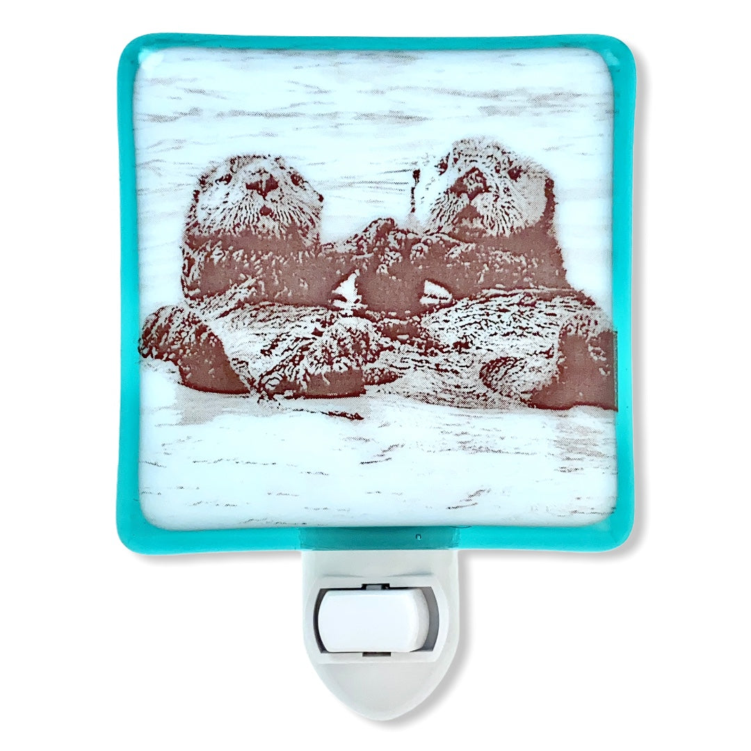 Otters Holding Hands Night Light - Aqua Glass