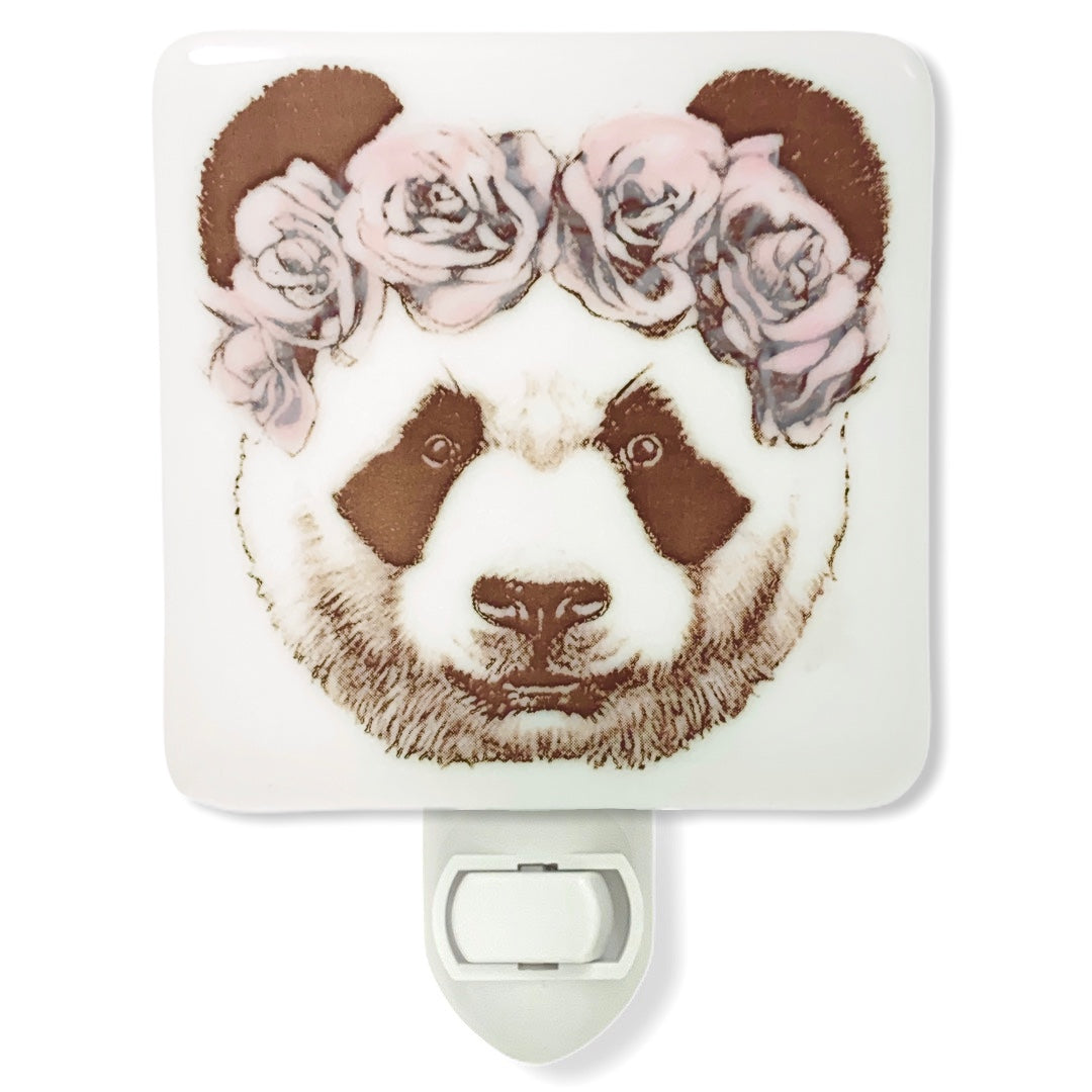 Panda Bear with Pink Flowers Night Light - Hand Painted