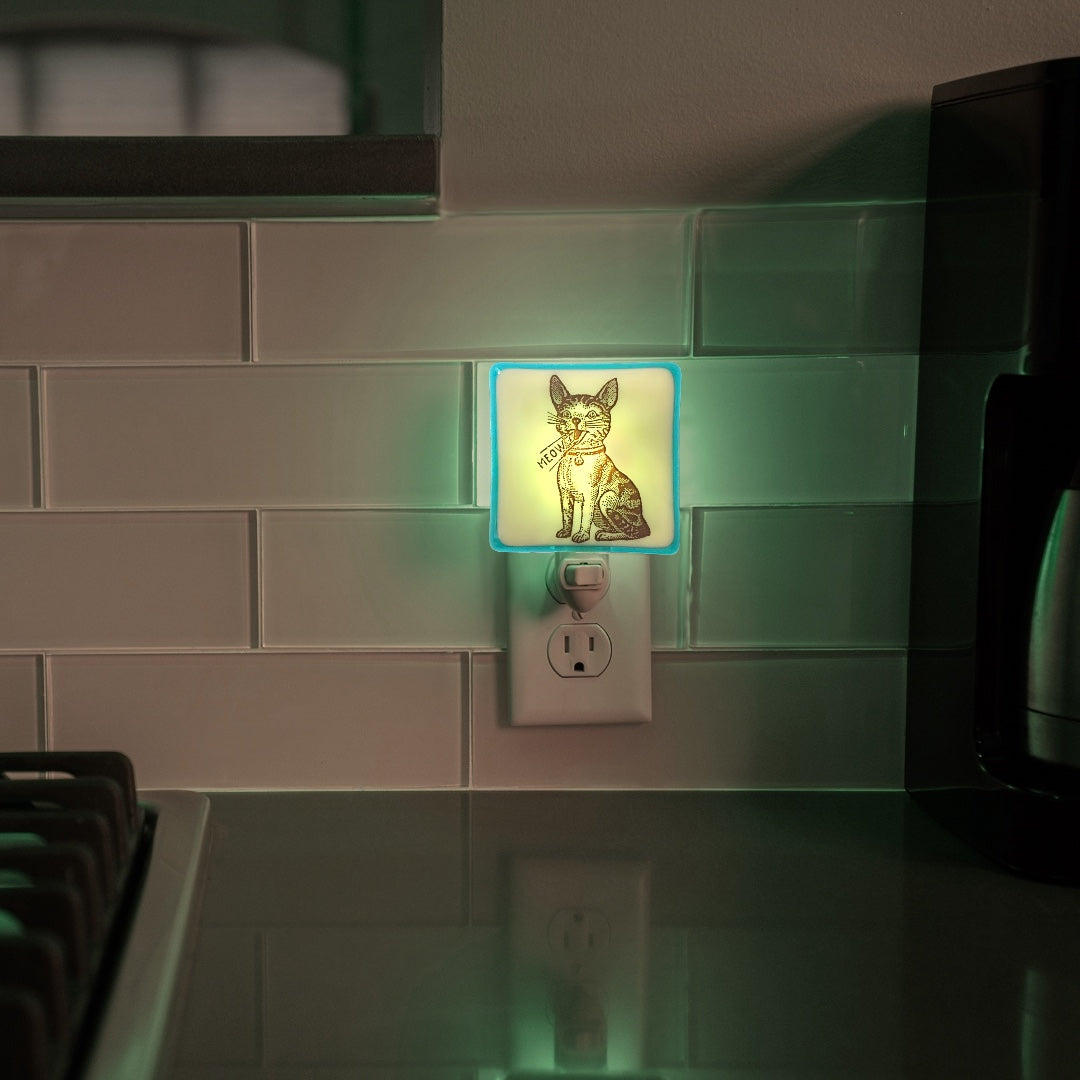 Retro Cat “Meow" Night Light - Aqua and Ivory Glass