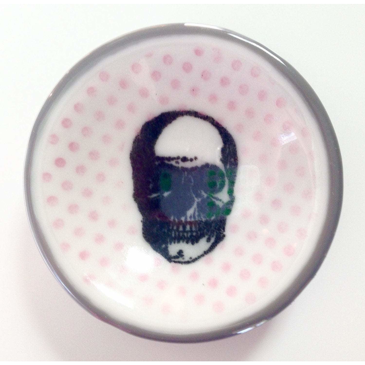 Tiny Skull Glass Round Dishlette with Gray and Pink Polka Dots Dishlette