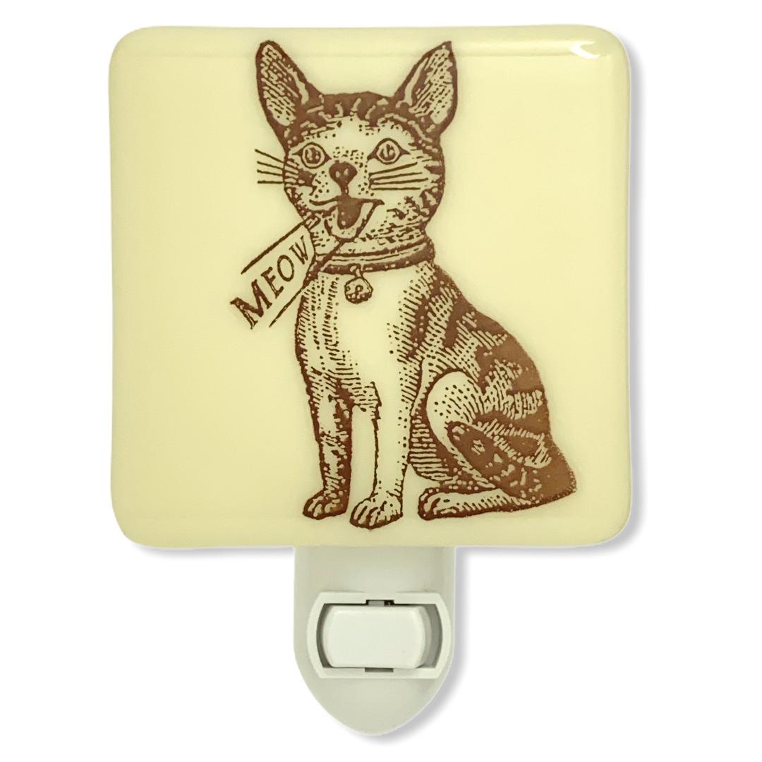 Retro Cat “Meow" Night Light - Ivory Glass