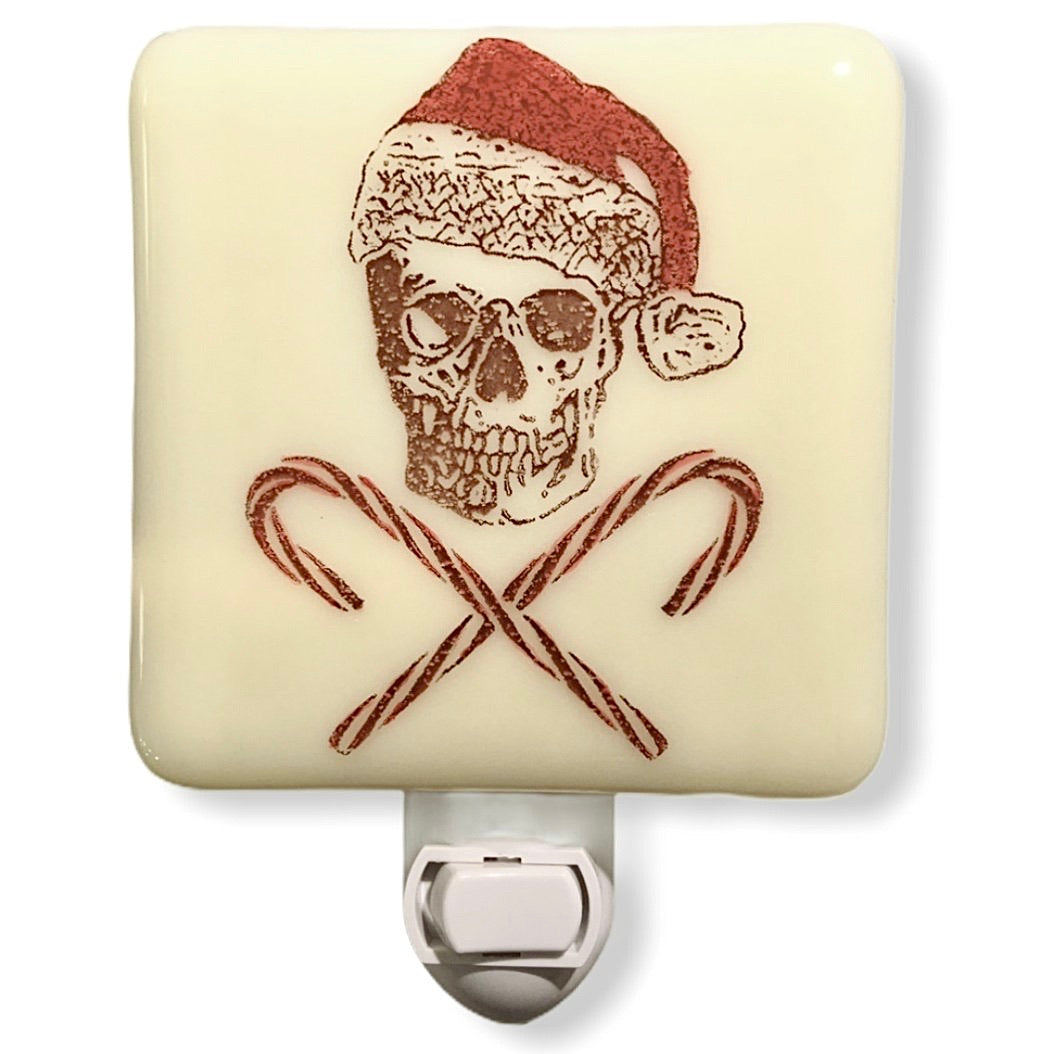 Skull with Santa Hat and Candy Cane Crossbones Night Light Hand Painted